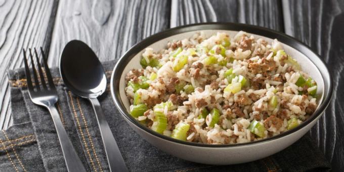 Rice with minced meat and celery