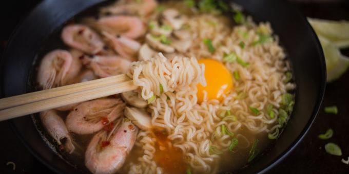 Homemade ramen with shrimp and mushrooms