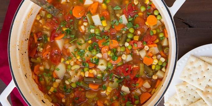 vegetable soups: soup with carrots, corn, peas and green beans