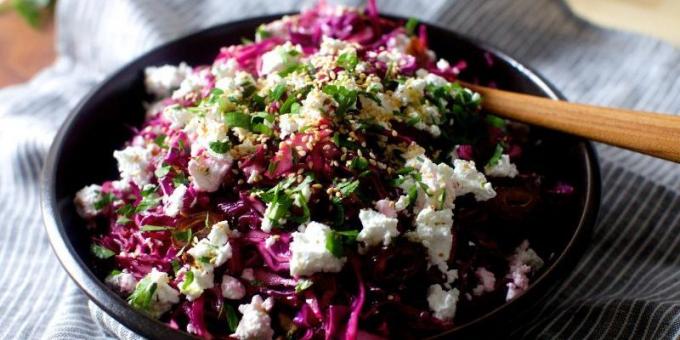 Vegetable salad with cabbage, figs and feta cheese