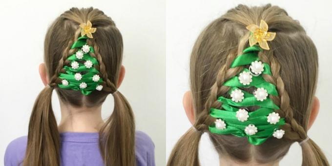 hairstyles for girls in the New Year, "herringbone" of braids and tapes