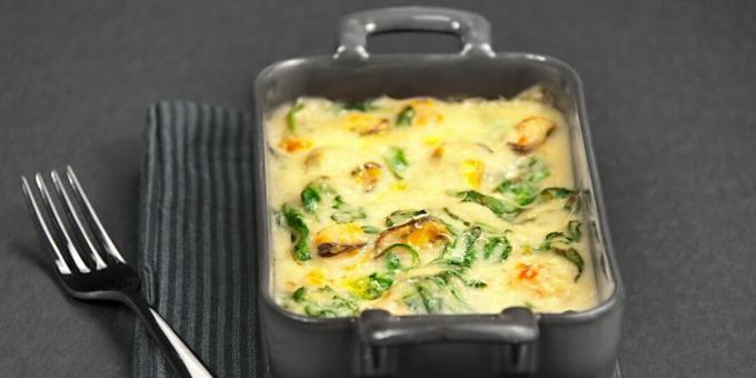 Potato casserole with mussels and spinach