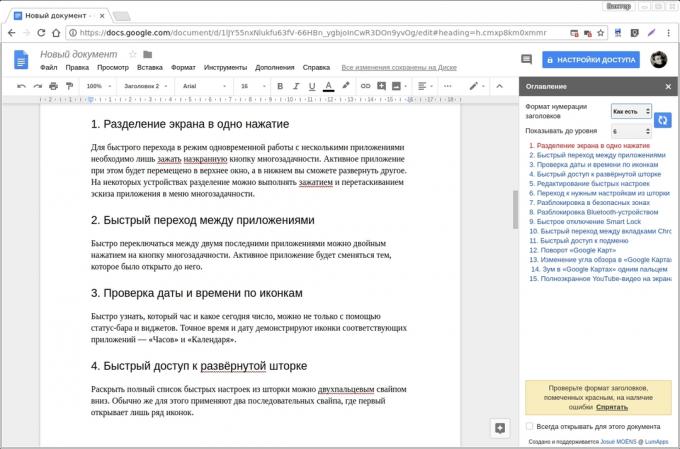 Google Docs add-ons: Table of Contents