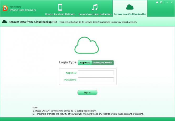 Tenorshare iPhone Data Recovery: authentication using iCloud account
