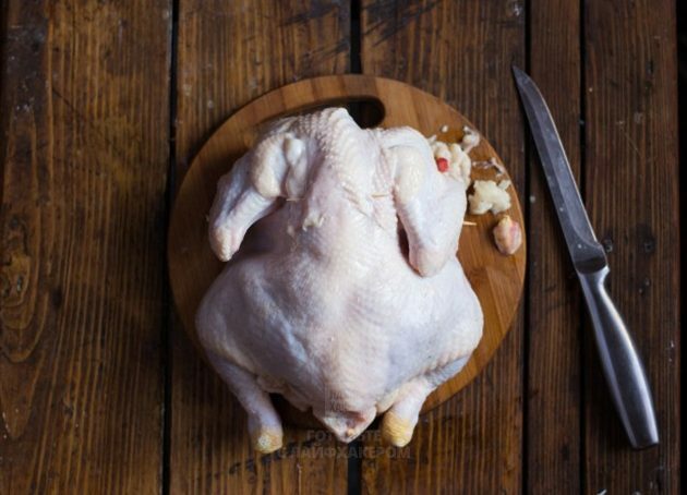 Oven Chicken with Lemon: Trim off excess neck skin