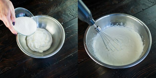 Classic "Medovik" with sour cream: mix sour cream and sugar in a deep bowl