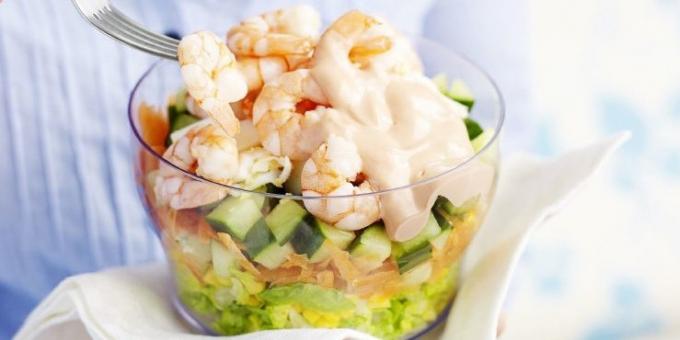 Cucumber salad. Puff cucumber salad, shrimp and corn