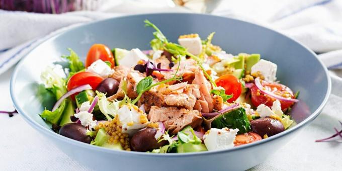 Greek salad with red fish