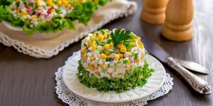 Salad with chicken, crab sticks and corn