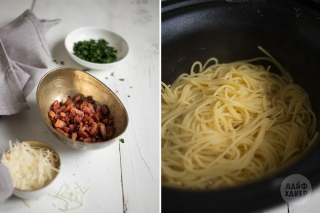 How to make carbonara pasta: sauté bacon and boil spaghetti