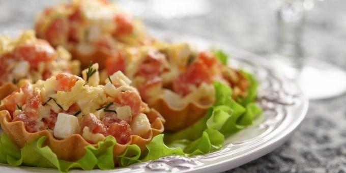 Tartlets with red fish and eggs