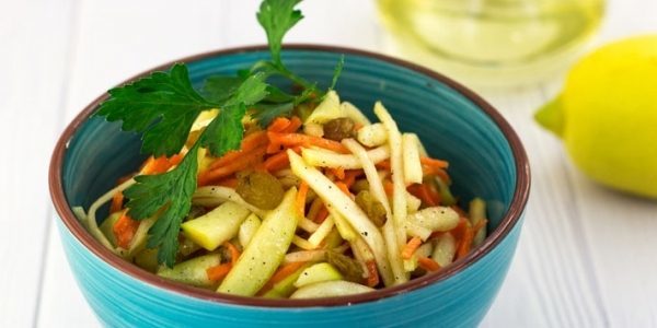Dishes from a turnip: Salad with turnip, carrot and apple