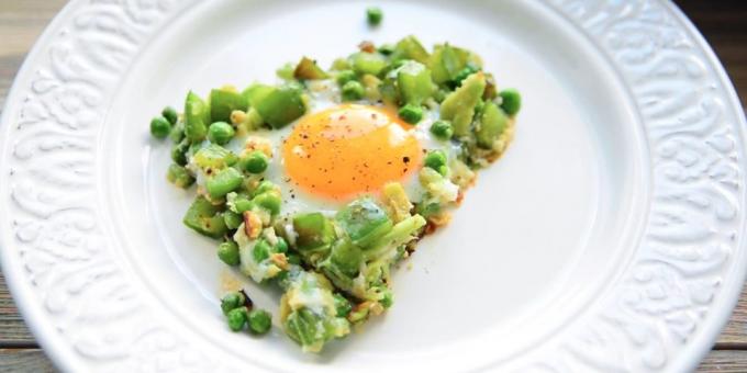 Fried eggs with bell peppers, green peas and avocado