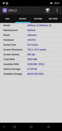 Overview smartphone Ulefone X: CPU-Z