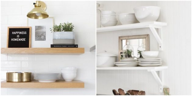 Open shelves in the interior of the kitchen