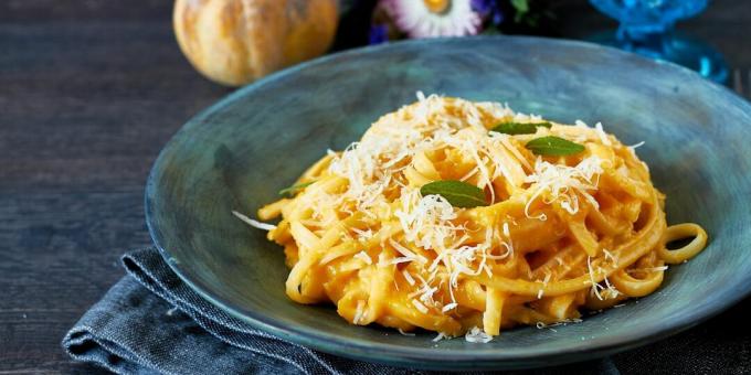 Creamy pasta with pumpkin in one bowl