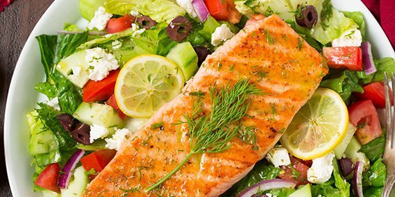 Greek salad with salmon