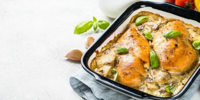 Chicken breasts baked with mushrooms in a creamy sauce