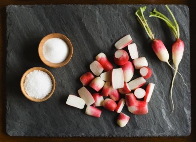 Radish on a cutting board slate