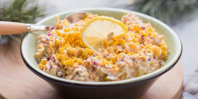 Salad with canned fish, corn and eggs
