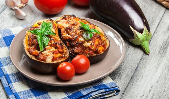 Eggplant stuffed with meat, cheese and vegetables