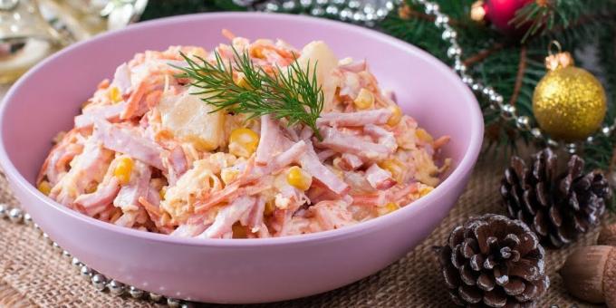 Recipes: Salad with pineapple, ham, Korean carrots, cheese and corn