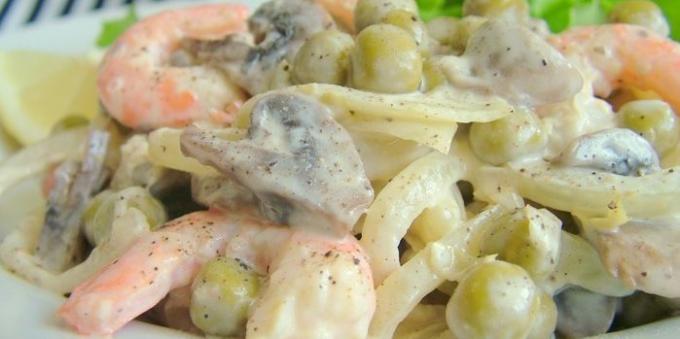 Salad with canned peas, mushrooms and prawns